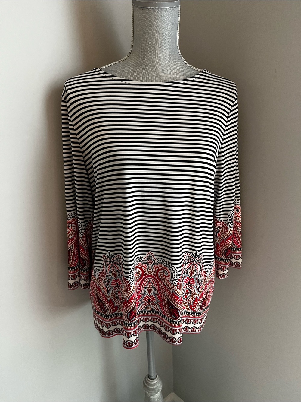 Chico's Black & White Striped Top with Red Paisley Hem
